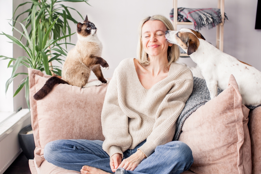 A woman enjoys spending time at home with her pets. The dog licks the owner's cheek with his tongue, cat sits on the couch
