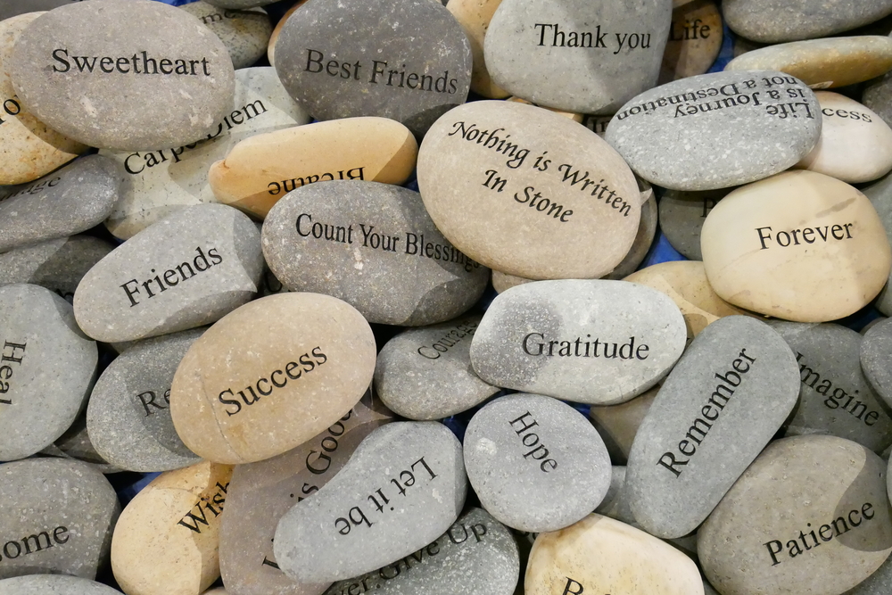Inner balance concept, stones with the words success, hope, let it be and gratitude